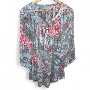 Daniel Rainn Top Womens Plus 1X Black Blue Sheer Peasant Blouse Tasseled Boho